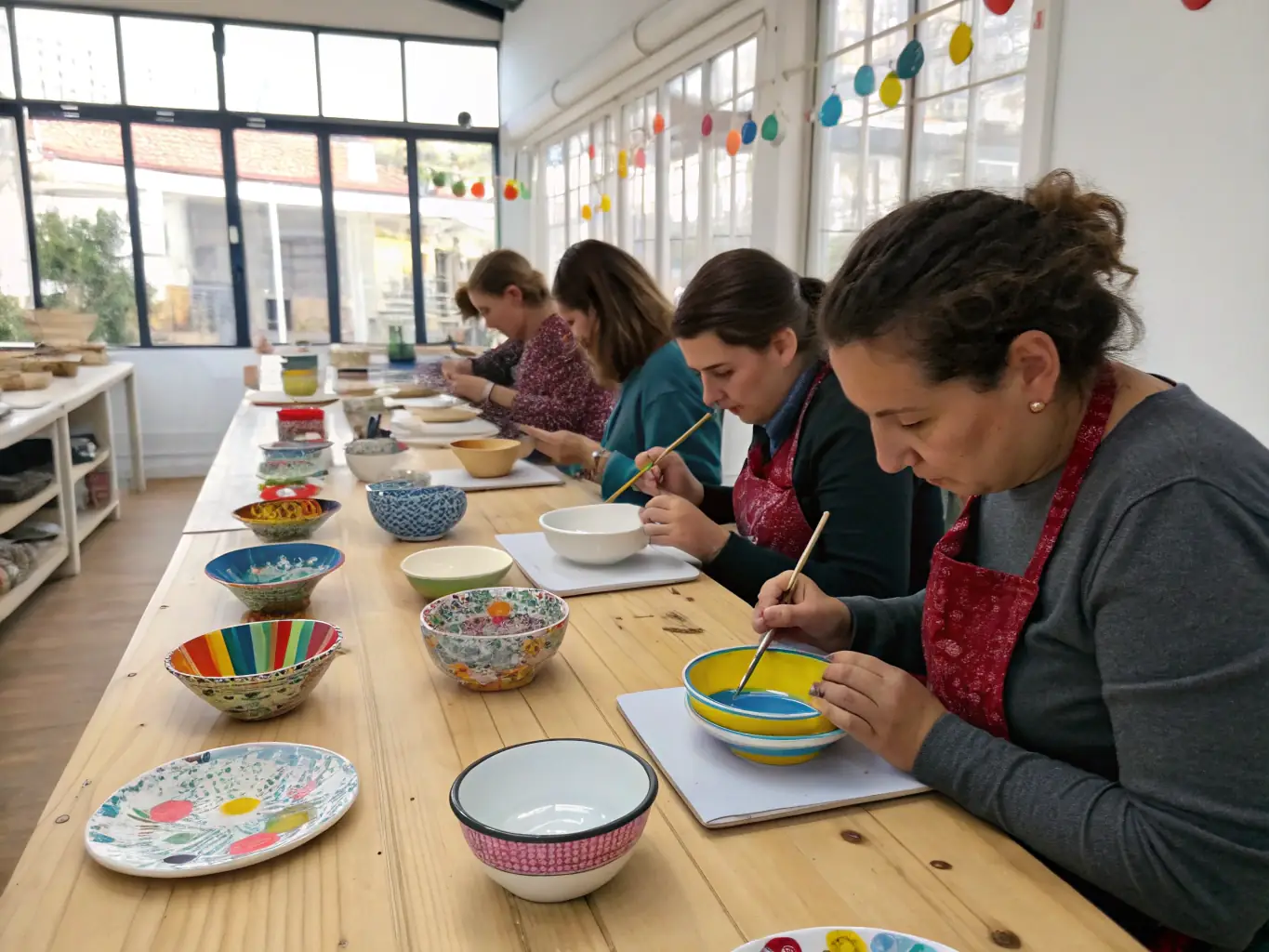 A lively scene of children and adults participating in an art workshop, painting and sculpting at tables in a sunlit courtyard with historic stone walls.