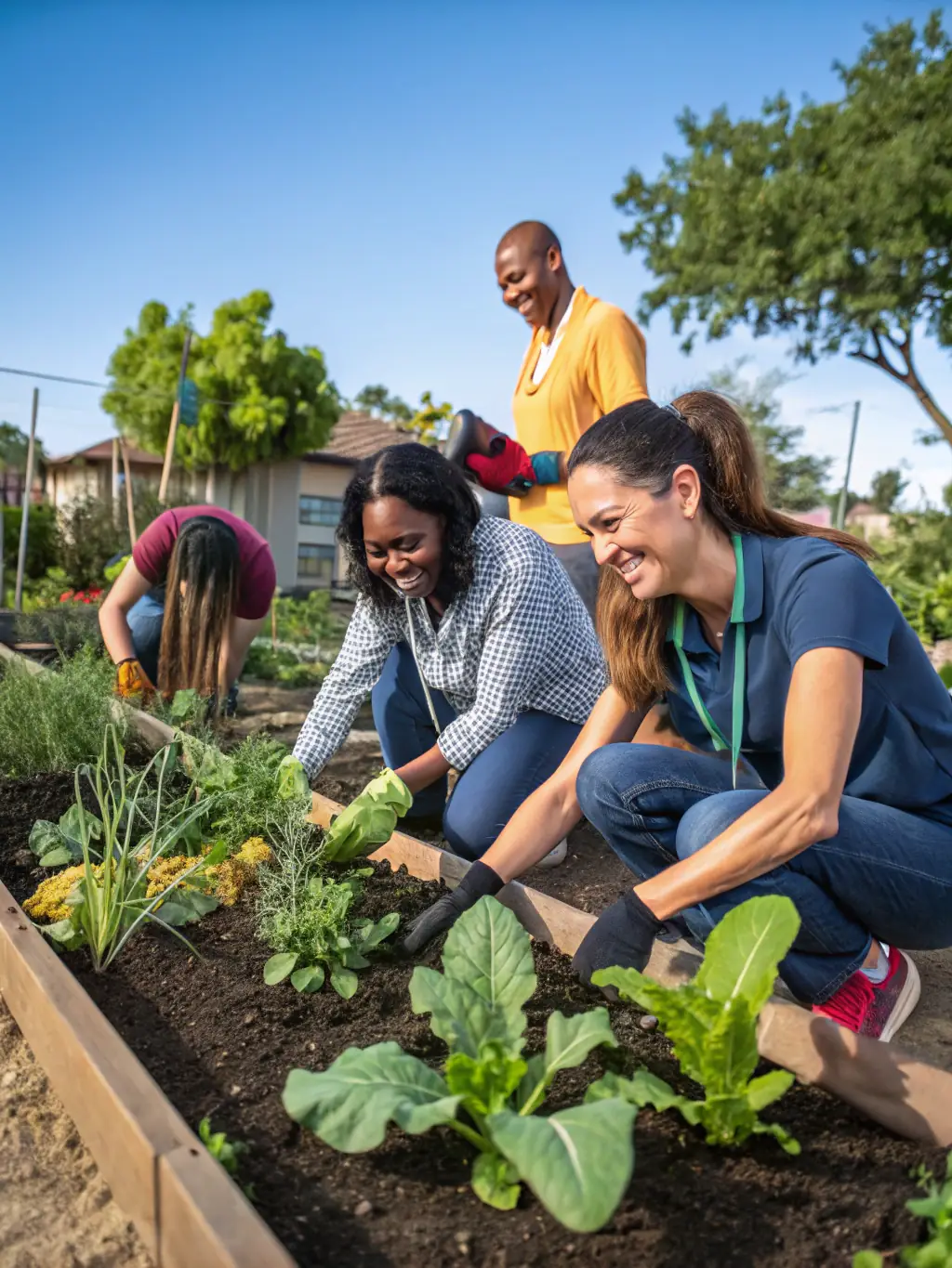 A photograph of volunteers working together to maintain the gardens surrounding the historic site, planting flowers and tending to the landscape.