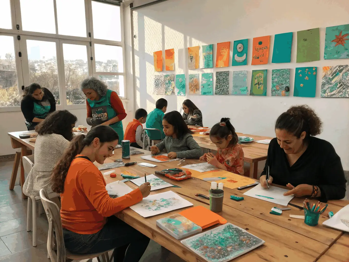 A group of people participating in a cultural workshop at the historical site, engaging in hands-on activities and learning about local art and traditions. The image should convey a sense of community and creativity.