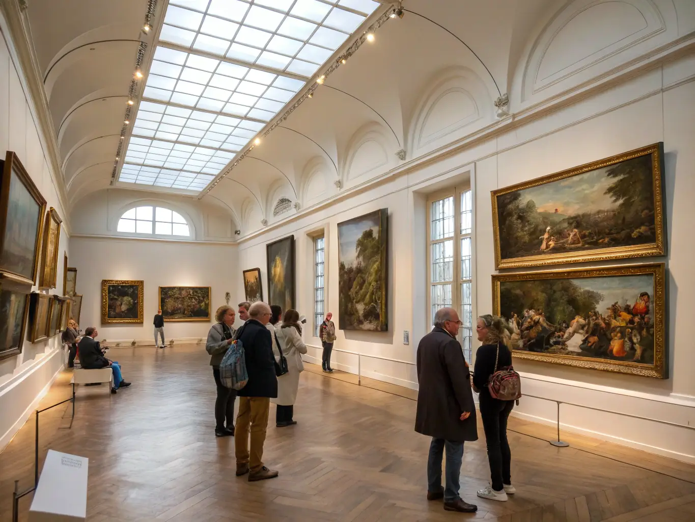 A vibrant photo of a small group enjoying a guided tour inside a historic stone building, with art displays on the walls and natural light streaming through arched windows.