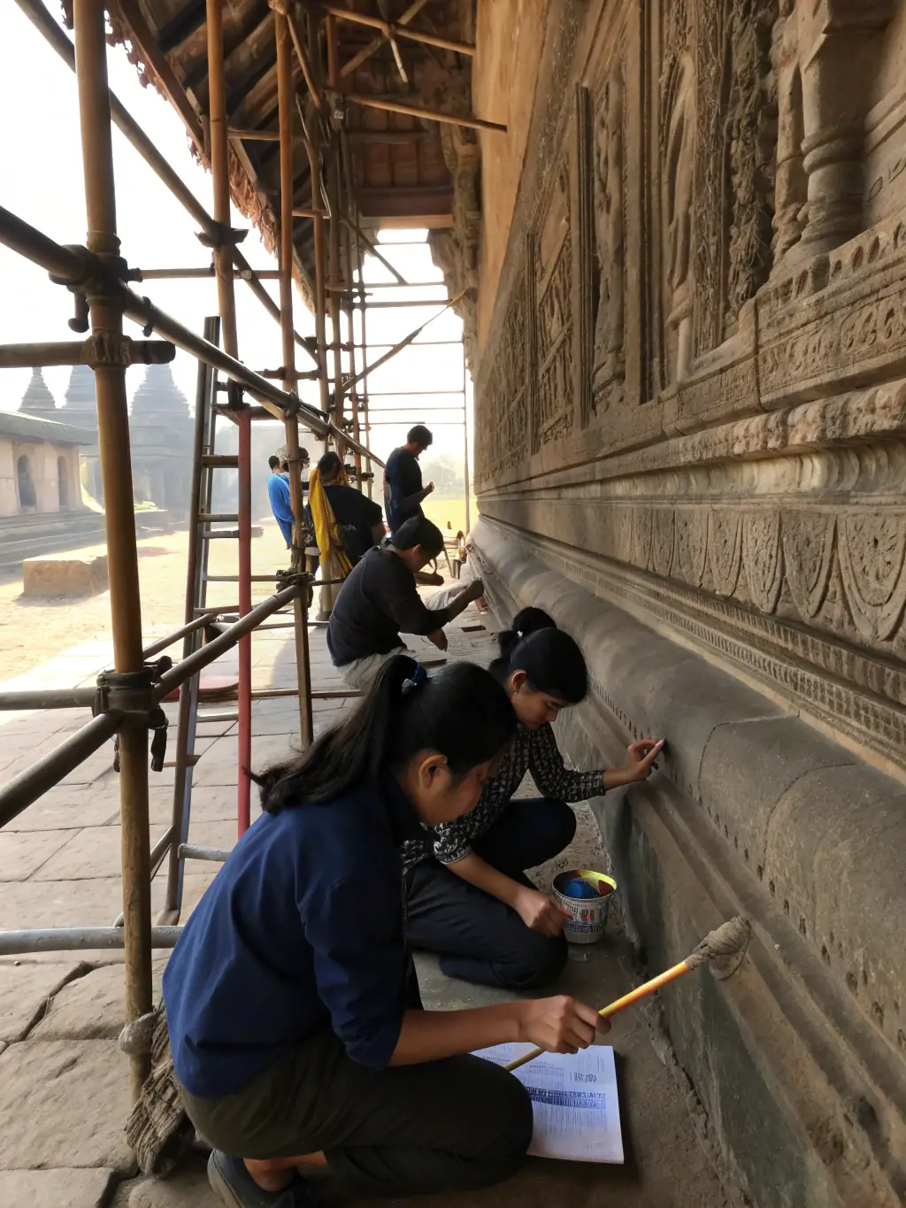 A vibrant photograph capturing a heritage preservation workshop in progress, showcasing participants learning traditional restoration techniques on a section of the historic building's facade.