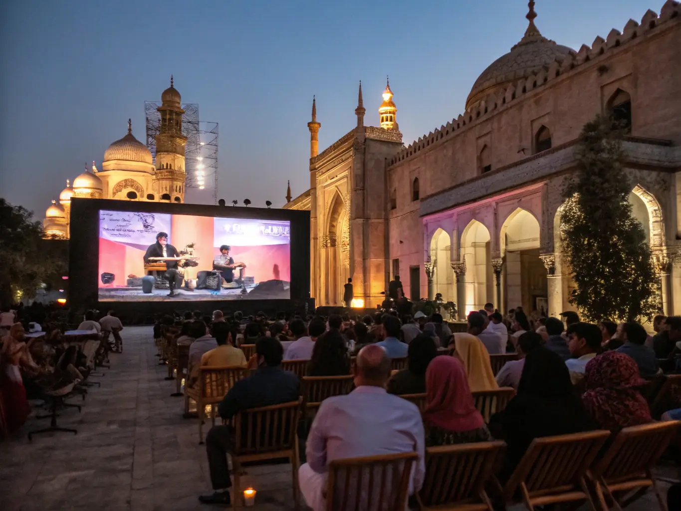 An evening photo of a small audience seated in a historic courtyard, watching a live classical music performance under string lights.