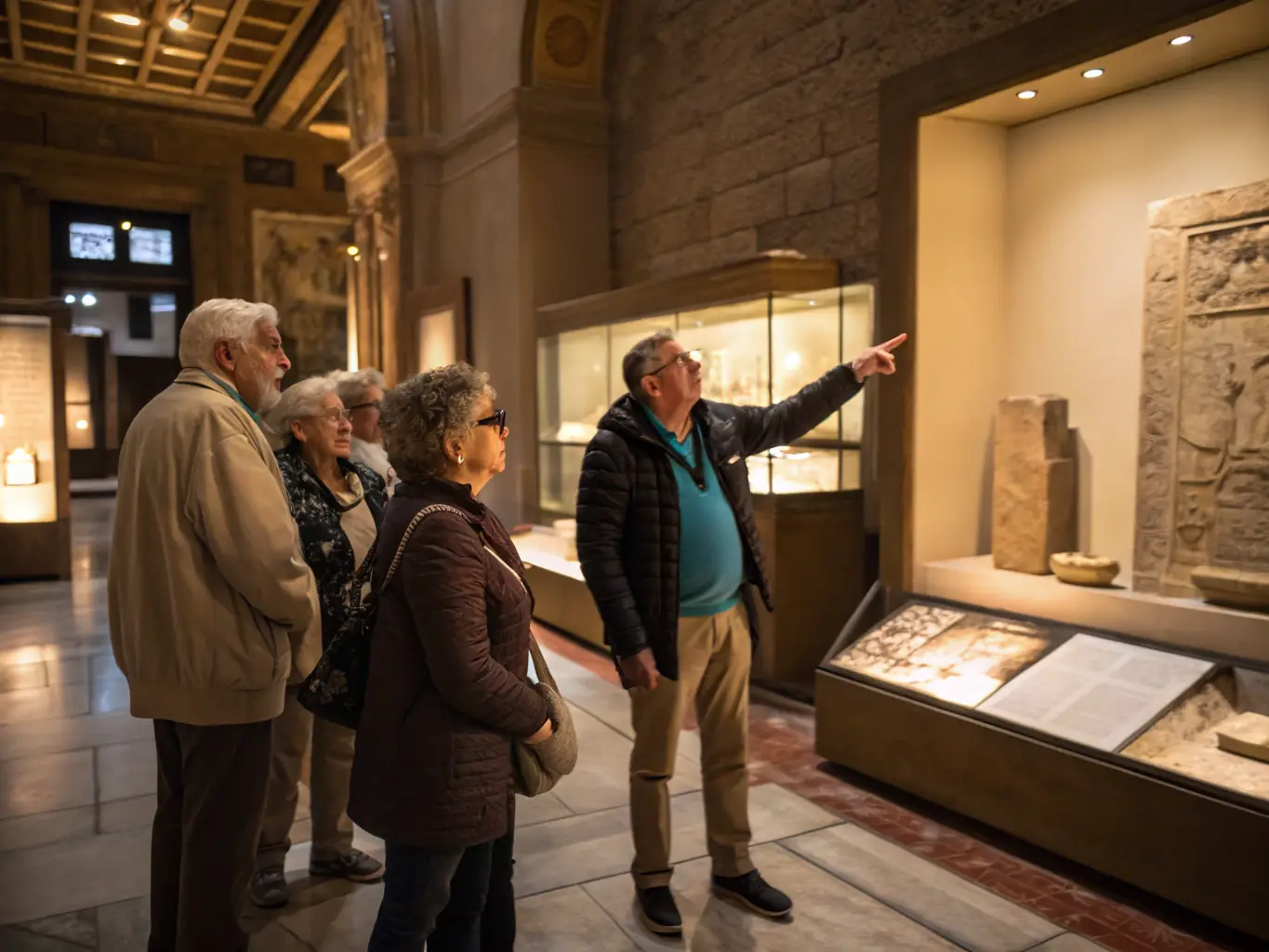 A diverse group of visitors on a guided tour of the historical site, listening attentively to the guide and exploring the various exhibits. The image should convey a sense of learning and discovery.